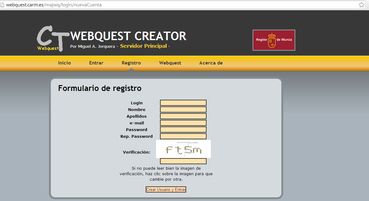 Para registrarse en WebQuest Creator