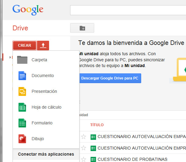6.2. Tipos de documentos que se pueden crear con Google Drive. Captura propia.