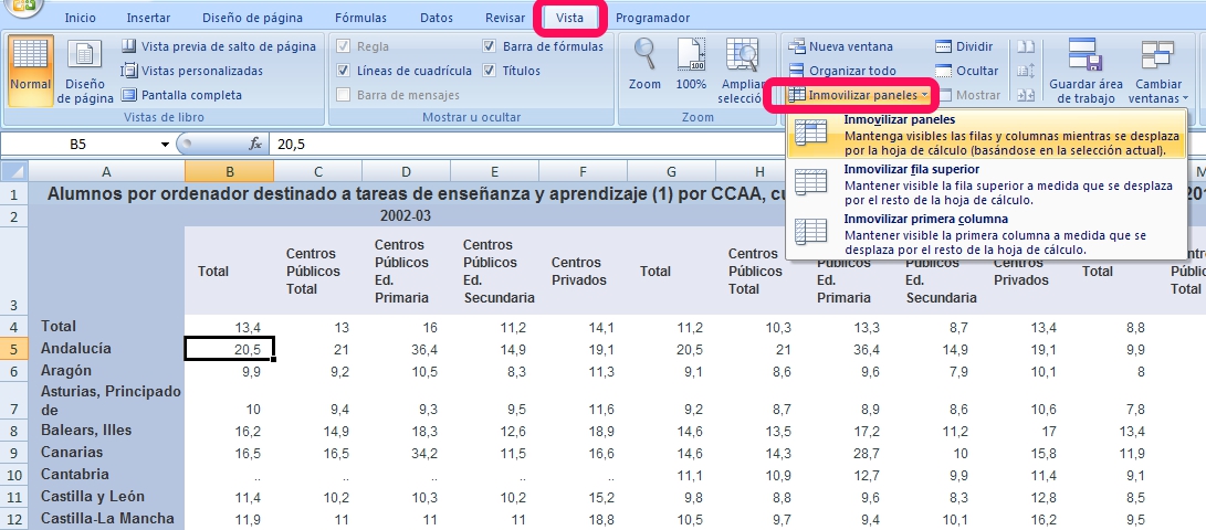 4_01: Captura de pantalla propia - Inmovilizar paneles en Excel