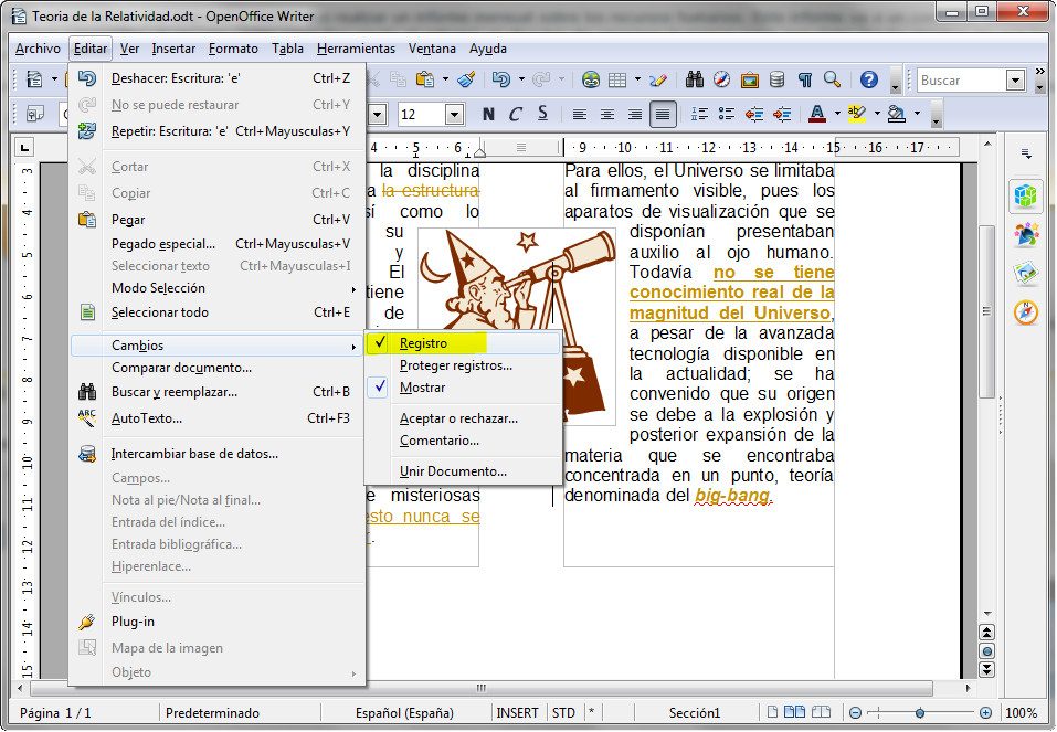 3.14. Activación de control de cambios en OpenOffice Writer. Captura propia.