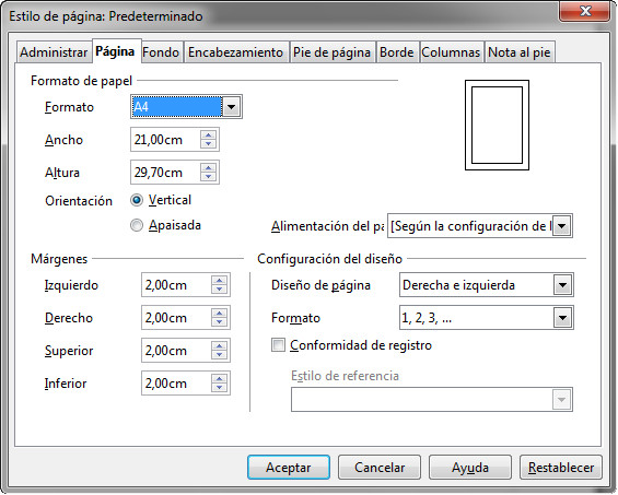 1.10. Cuadro de diálogo para la Configuración de los márgenes OpenOffice Writer. Captura propia.