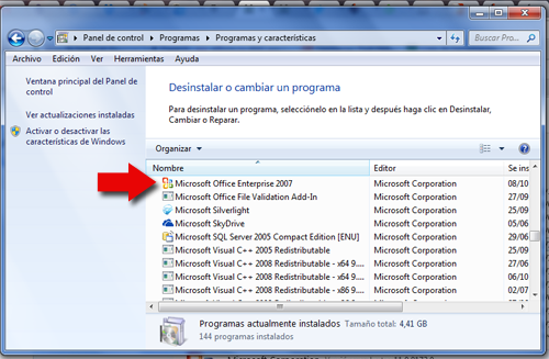 Desinstalar Programas desde el panel de control W7, C.Barrabés, captura panel de control Windows 7