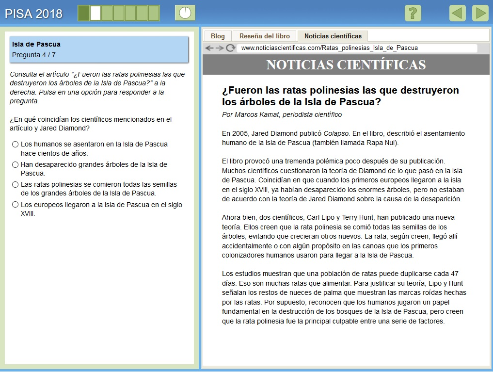  ejemplo de ítem de PISA en el que se simula un entorno web con tres pestañas y la pregunta hace referencia a detectar y manejar el conflicto intertextual