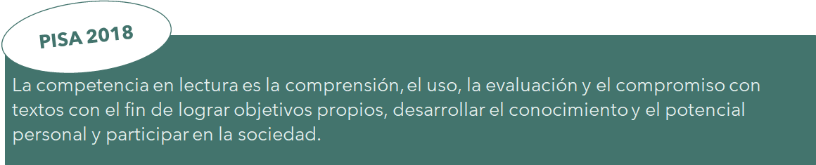 Definición de competencia lectora PISA 2018 La competencia en lectura es la comprensión, el uso, la evaluación y el compromiso con textos con el fin de lograr objetivos propios, desarrollar el conocimiento y el potencial personal y participar en la sociedad.